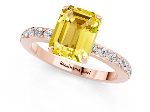 Rose gold Emerald Cut Yellow Sapphire Solitaire Engagement Ring with Pavé Band and Four-Prong Setting_25