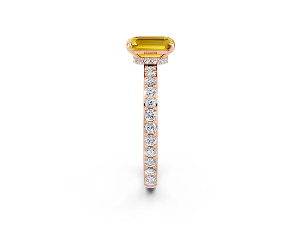 Rose gold Emerald Cut Yellow Sapphire Solitaire Engagement Ring with Pavé Band and Four-Prong Setting