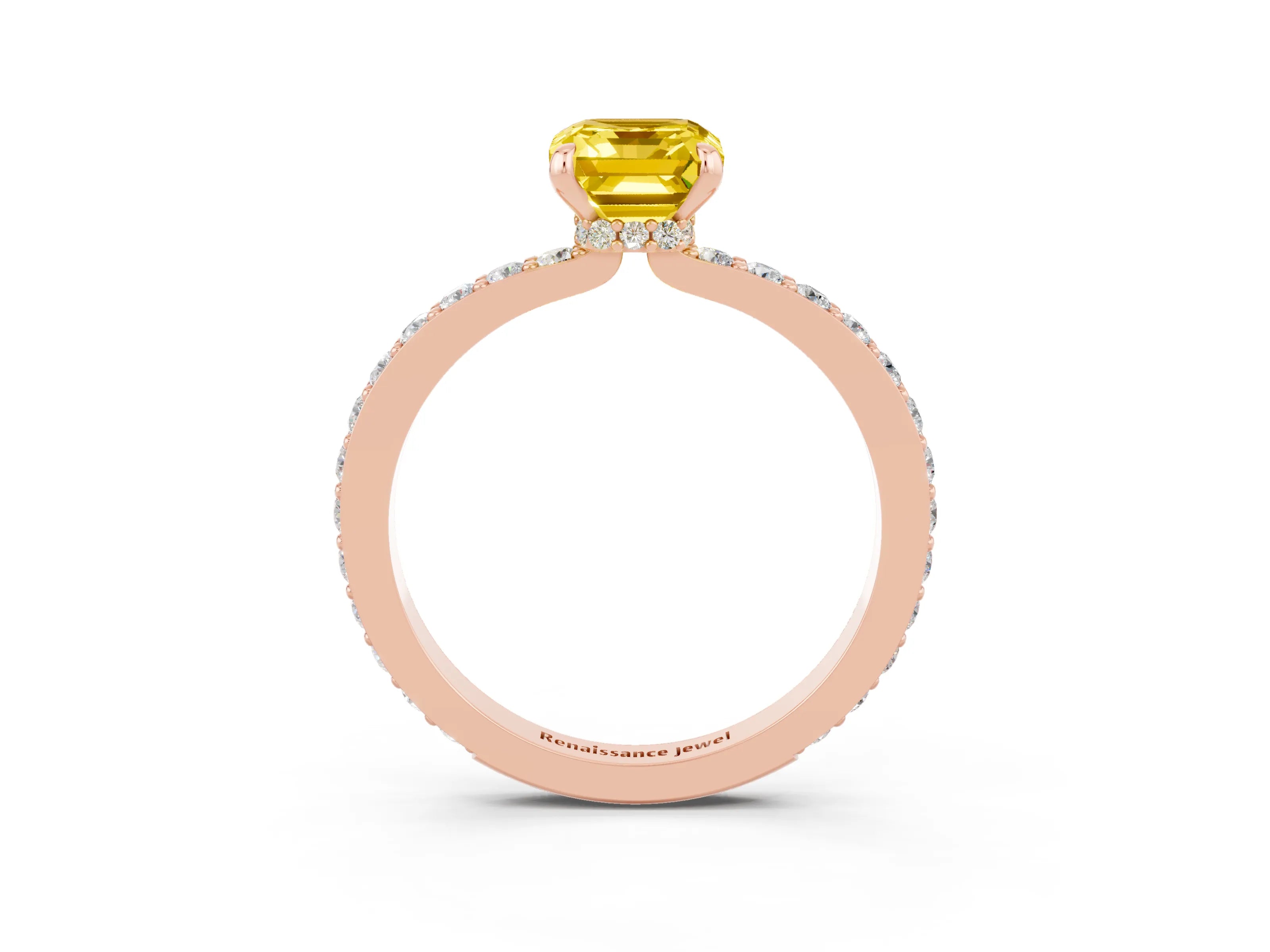 Rose gold Emerald Cut Yellow Sapphire Solitaire Engagement Ring with Pavé Band and Four-Prong Setting_27