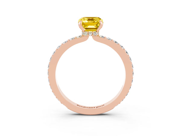 Rose gold Emerald Cut Yellow Sapphire Solitaire Engagement Ring with Pavé Band and Four-Prong Setting