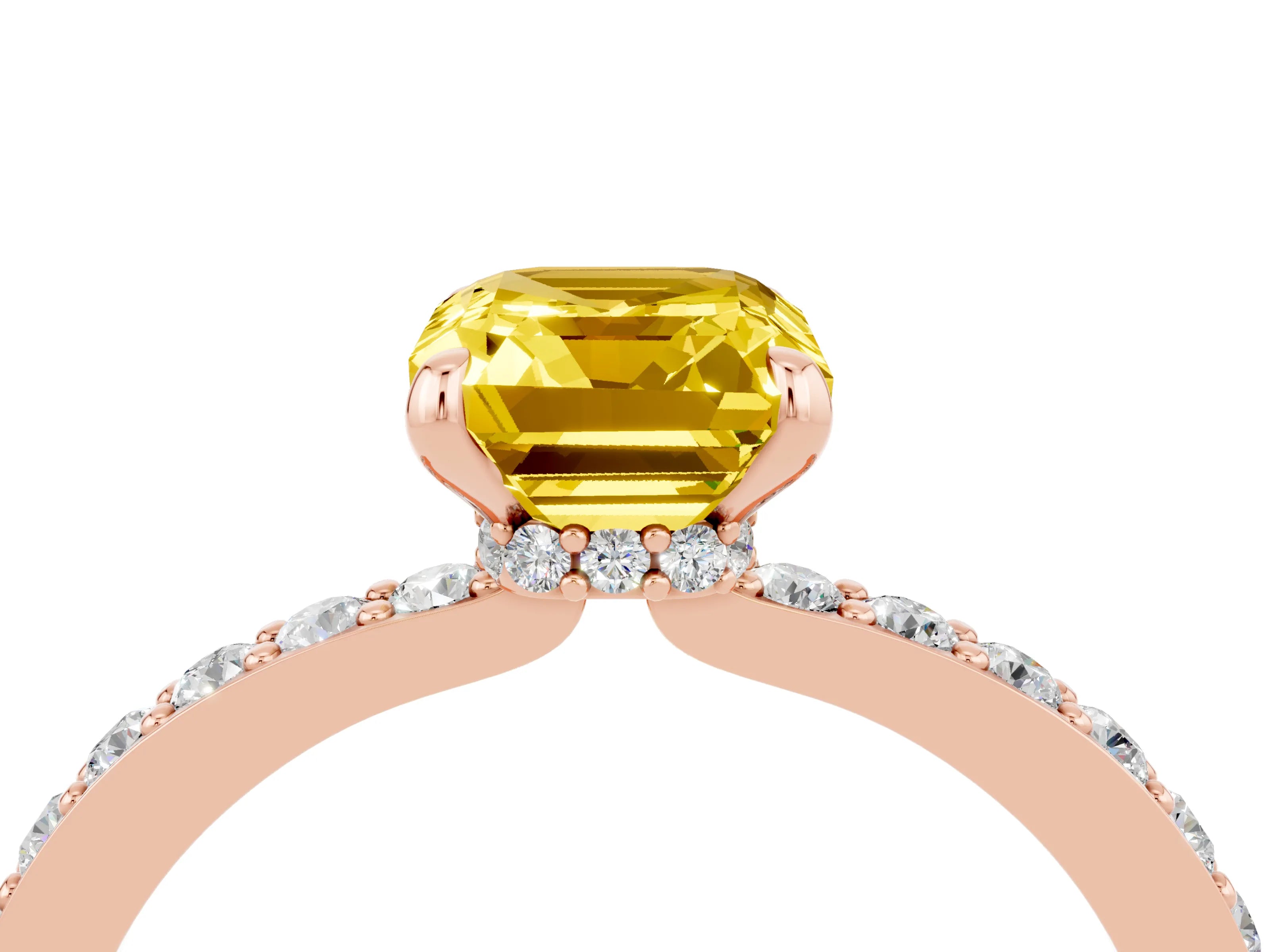 Rose gold Emerald Cut Yellow Sapphire Solitaire Engagement Ring with Pavé Band and Four-Prong Setting_28