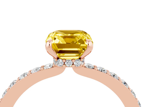 Rose gold Emerald Cut Yellow Sapphire Solitaire Engagement Ring with Pavé Band and Four-Prong Setting_28
