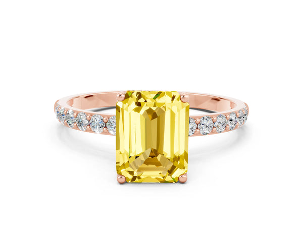 Rose gold Emerald Cut Yellow Sapphire Solitaire Engagement Ring with Round  Pavé Band and Prong Setting
