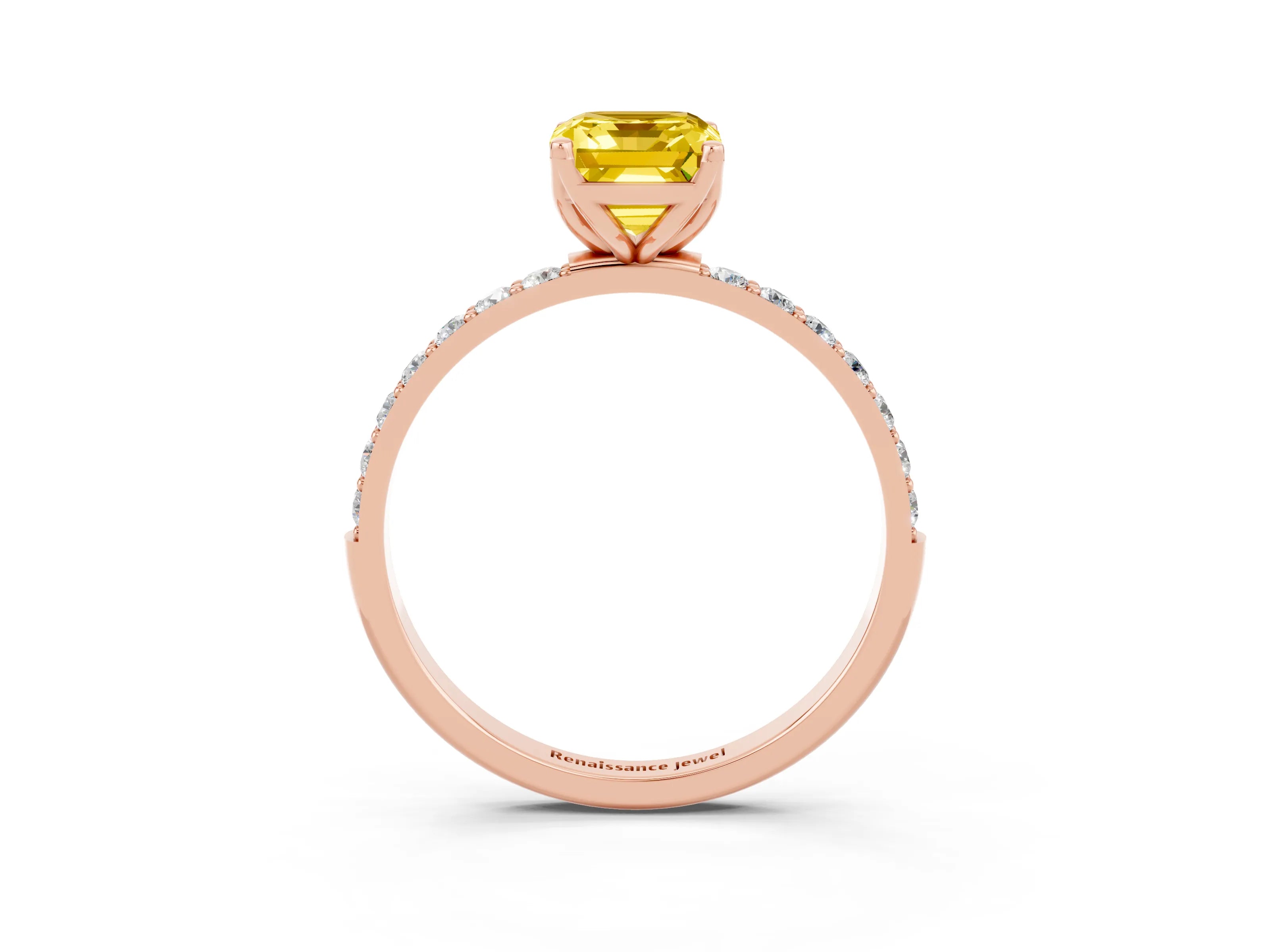 Rose gold Emerald Cut Yellow Sapphire Solitaire Engagement Ring with Pavé Band and Prong Setting_3