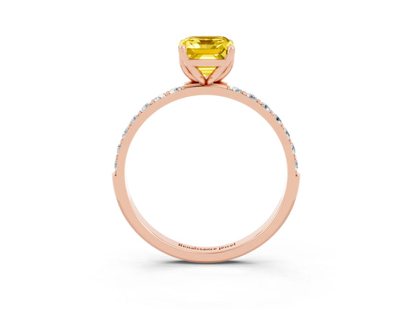 Rose gold Emerald Cut Yellow Sapphire Solitaire Engagement Ring with Round  Pavé Band and Prong Setting