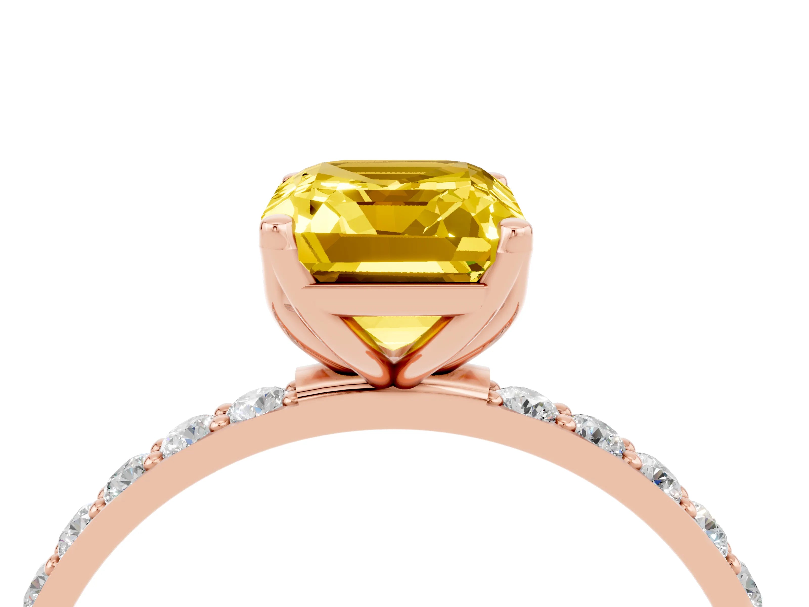 Rose gold Emerald Cut Yellow Sapphire Solitaire Engagement Ring with Pavé Band and Prong Setting_4