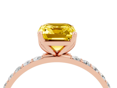 Rose gold Emerald Cut Yellow Sapphire Solitaire Engagement Ring with Pavé Band and Prong Setting_4