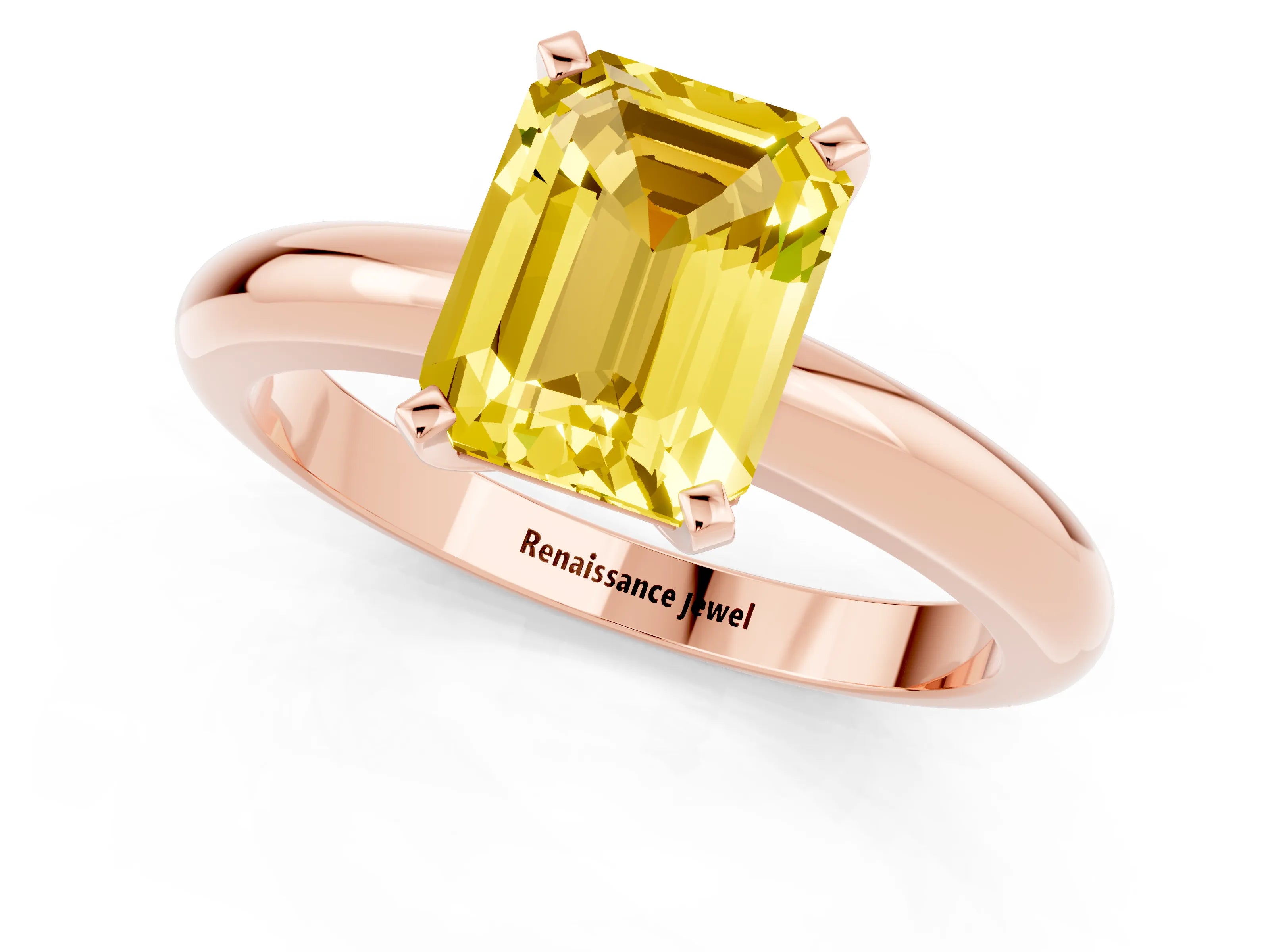 Rose gold Emerald Cut Yellow Sapphire Solitaire Engagement Ring with Round Band and Four-Prong Setting_25