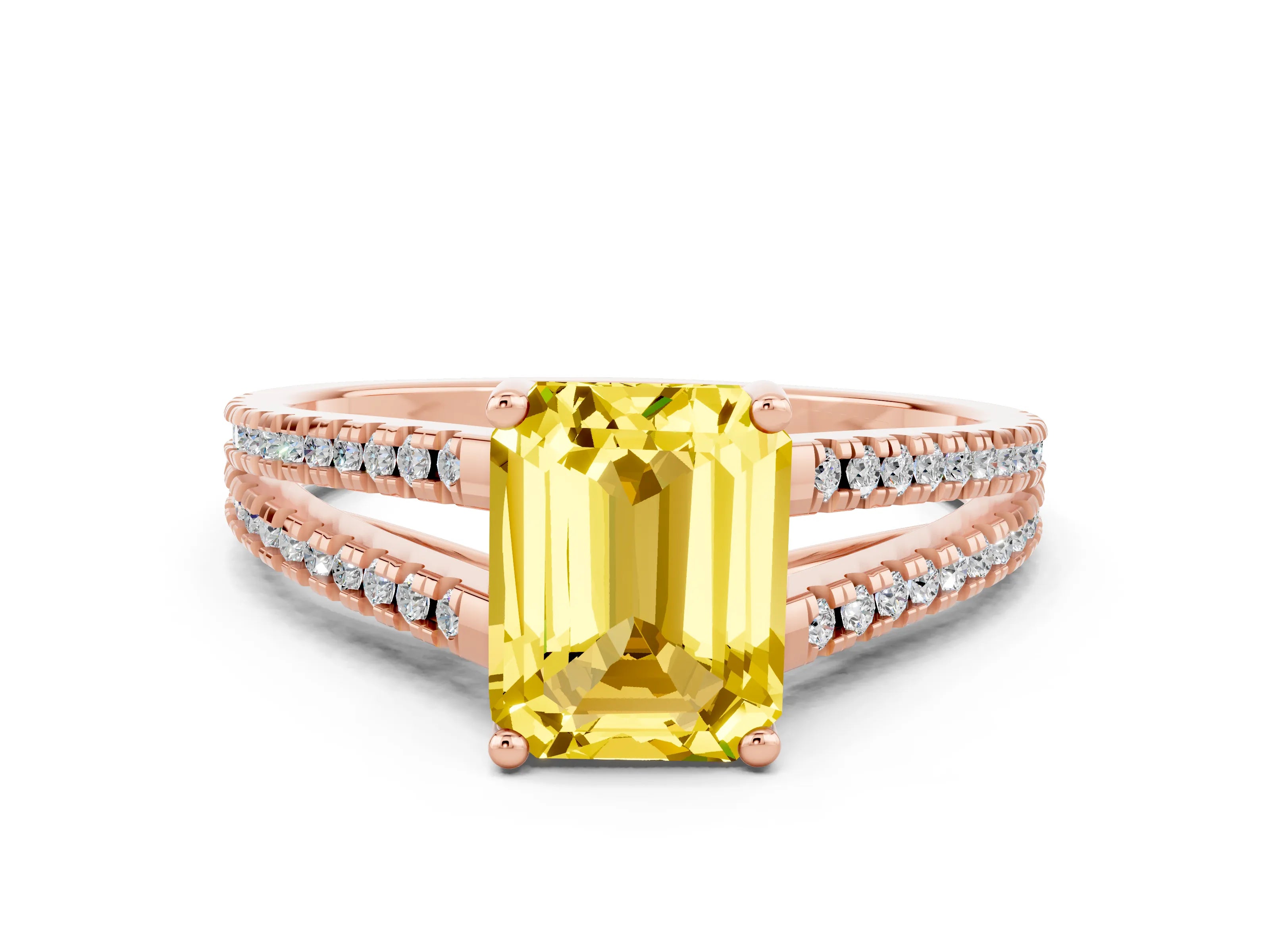 Rose gold Emerald Cut Yellow Sapphire Solitaire Engagement Ring with Split Shank Pavé Band_12