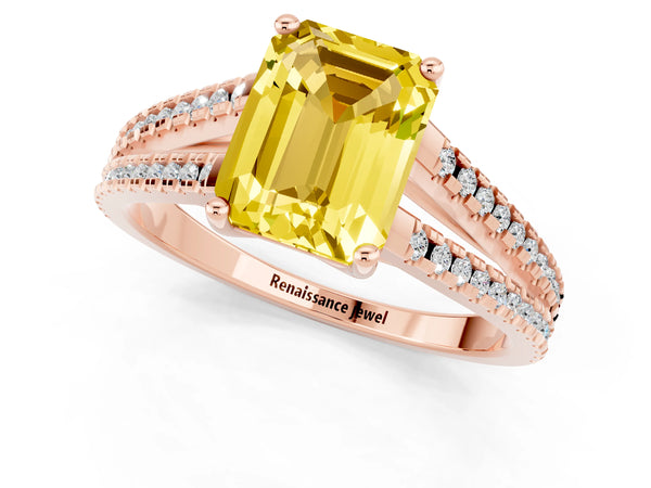 Rose gold Emerald Cut Yellow Sapphire Solitaire Engagement Ring with Split Shank Pavé Band