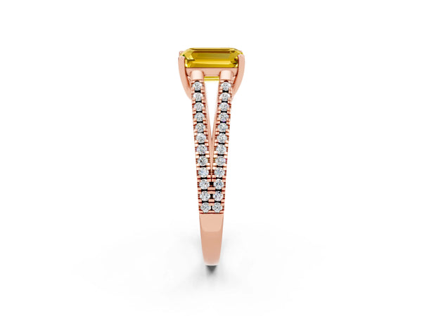 Rose gold Emerald Cut Yellow Sapphire Solitaire Engagement Ring with Split Shank Pavé Band