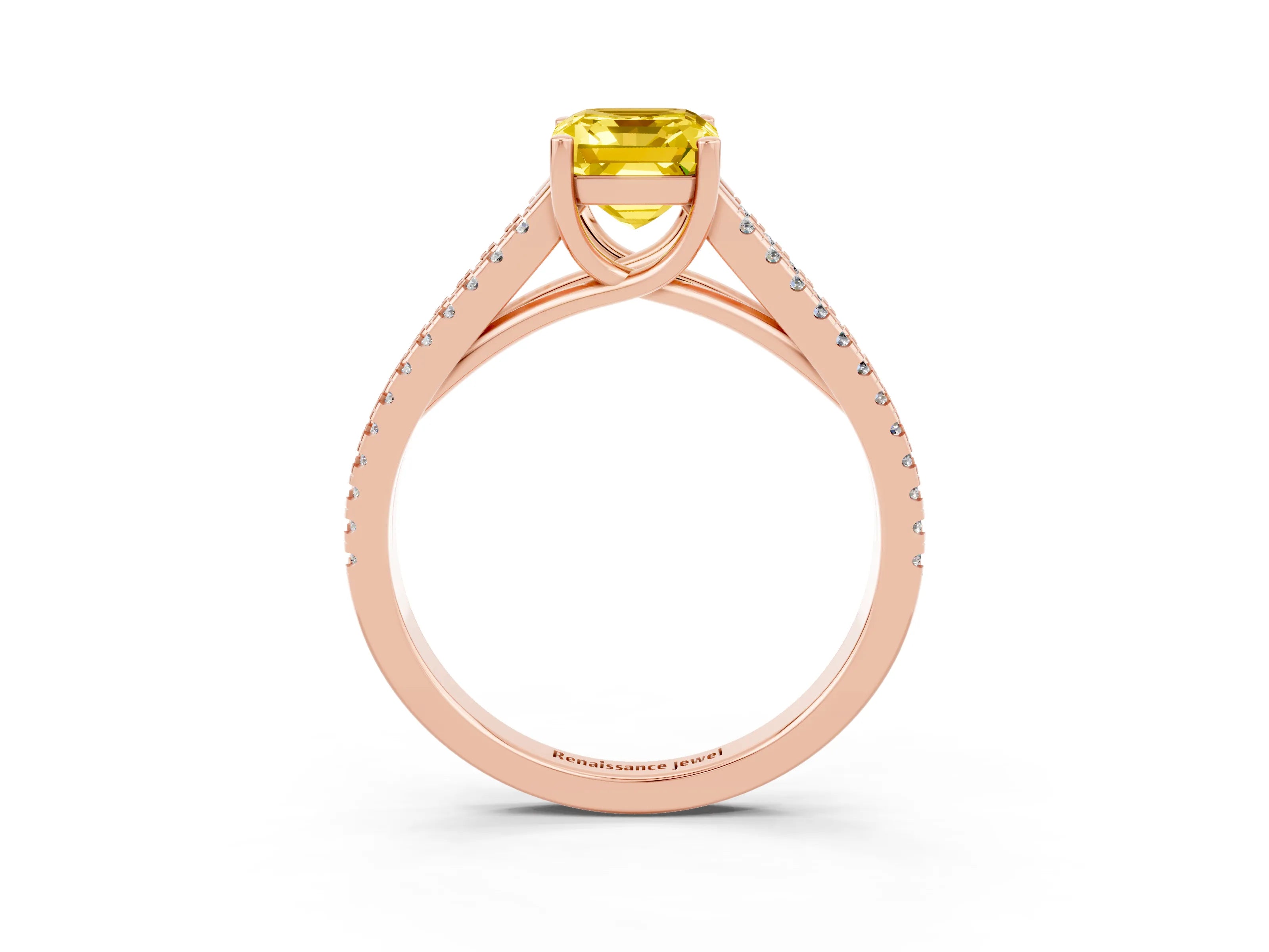 Rose gold Emerald Cut Yellow Sapphire Solitaire Engagement Ring with Split Shank Pavé Band_15