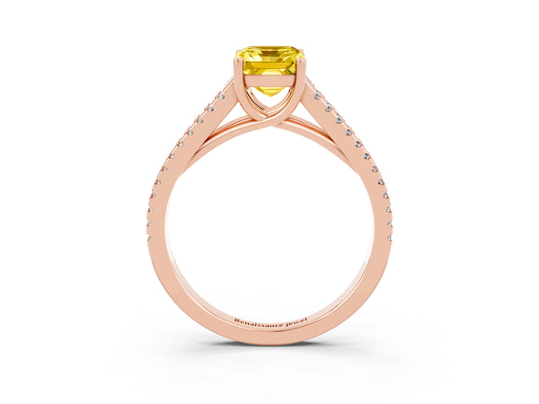 Rose gold Emerald Cut Yellow Sapphire Solitaire Engagement Ring with Split Shank Pavé Band