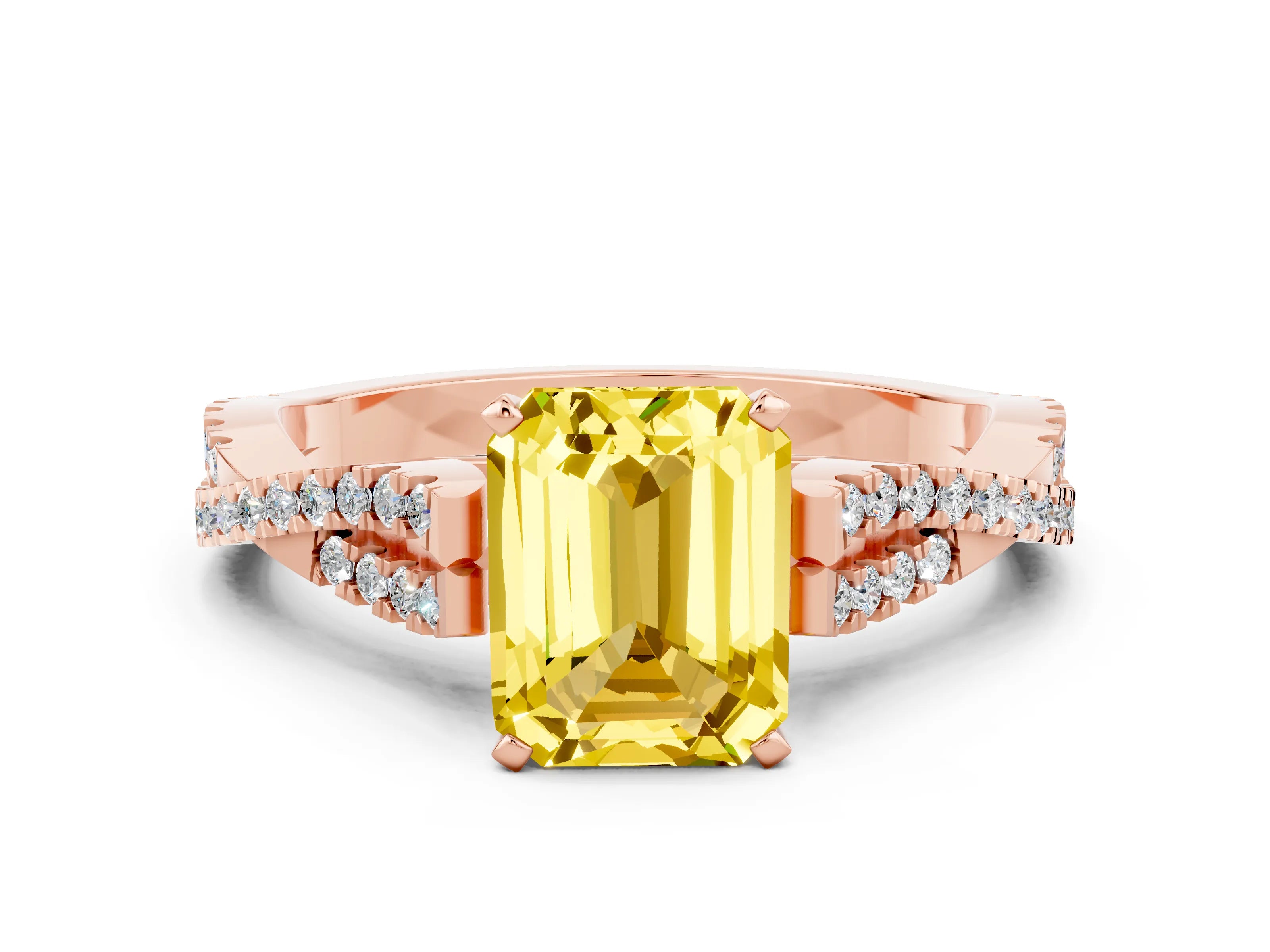 Rose gold Emerald Cut Yellow Sapphire Solitaire Engagement Ring with Twisted Pavé Band and Four-Prong Setting_12