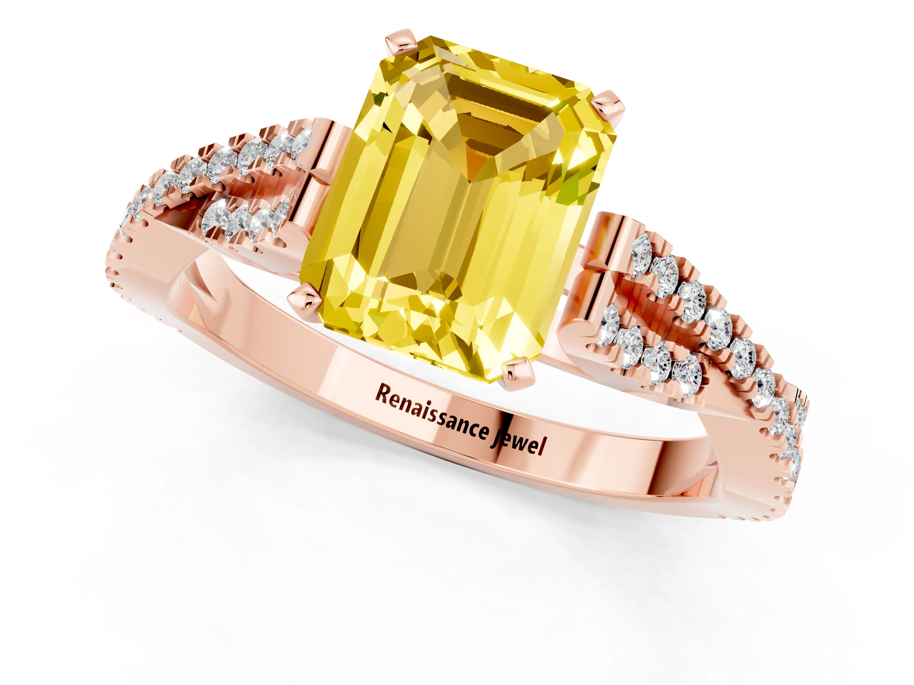 Rose gold Emerald Cut Yellow Sapphire Solitaire Engagement Ring with Twisted Pavé Band and Four-Prong Setting_13