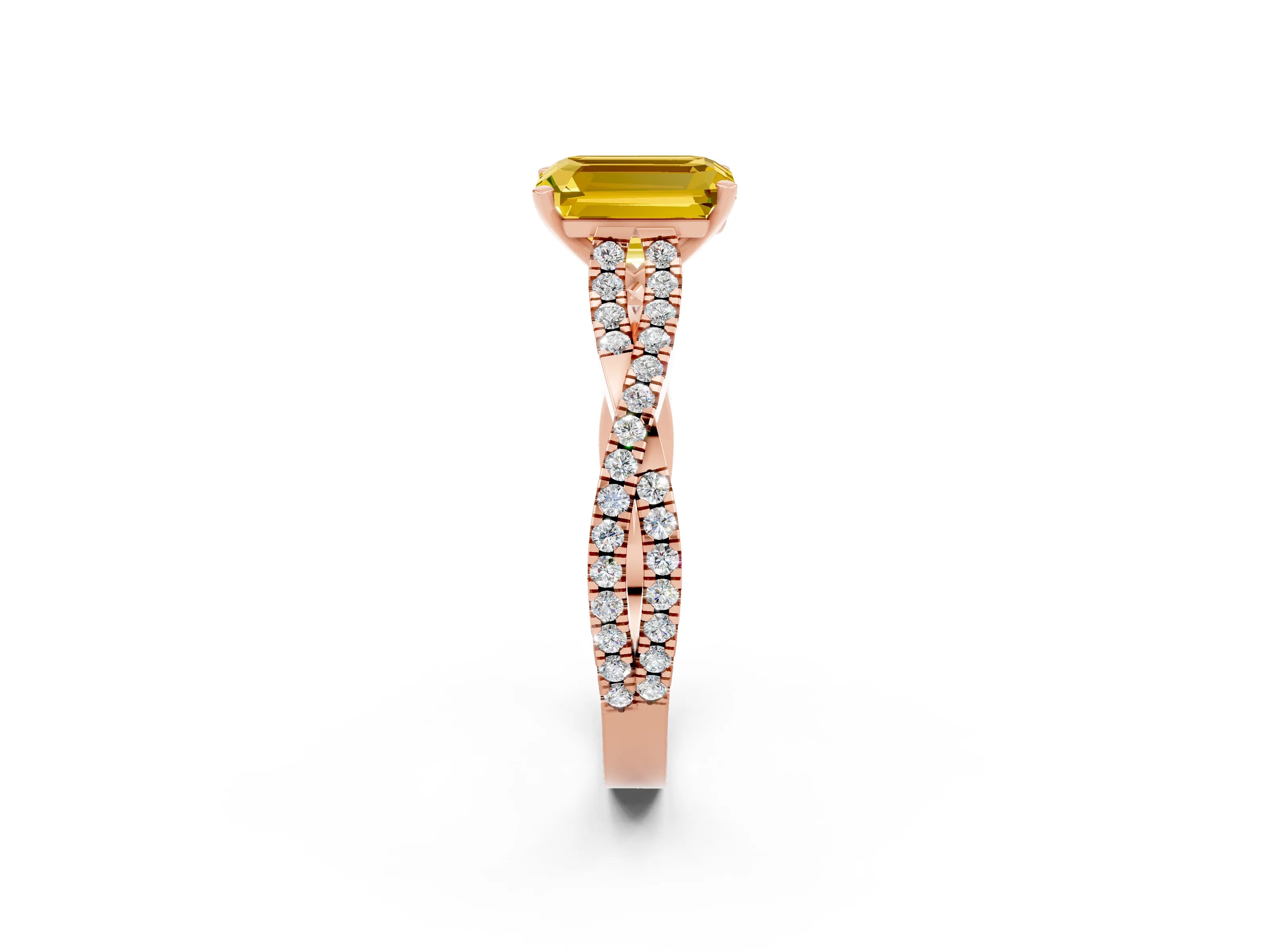 Rose gold Emerald Cut Yellow Sapphire Solitaire Engagement Ring with Twisted Pavé Band and Four-Prong Setting_14