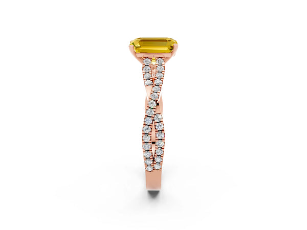 Rose gold Emerald Cut Yellow Sapphire Solitaire Engagement Ring with Twisted Pavé Band and Four-Prong Setting