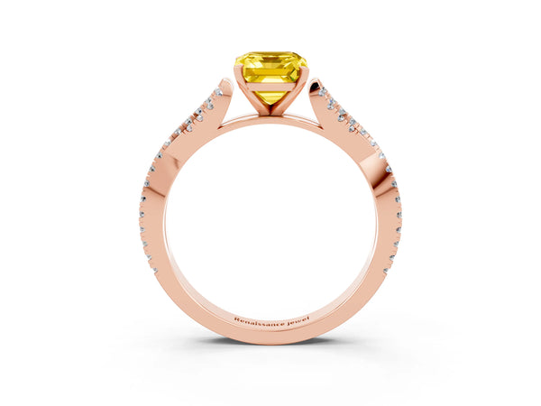 Rose gold Emerald Cut Yellow Sapphire Solitaire Engagement Ring with Twisted Pavé Band and Four-Prong Setting