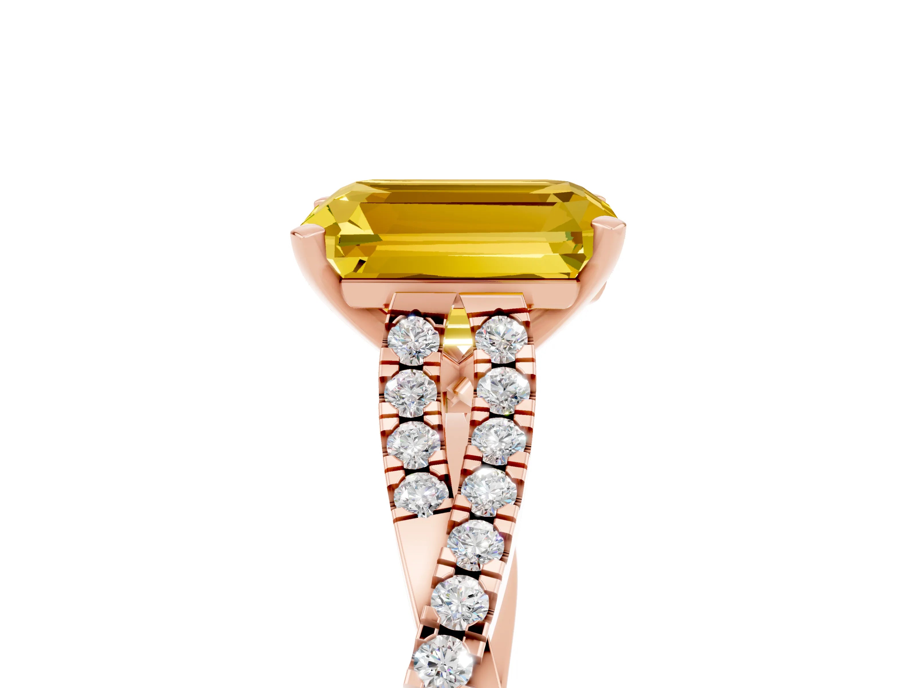 Rose gold Emerald Cut Yellow Sapphire Solitaire Engagement Ring with Twisted Pavé Band and Four-Prong Setting_17