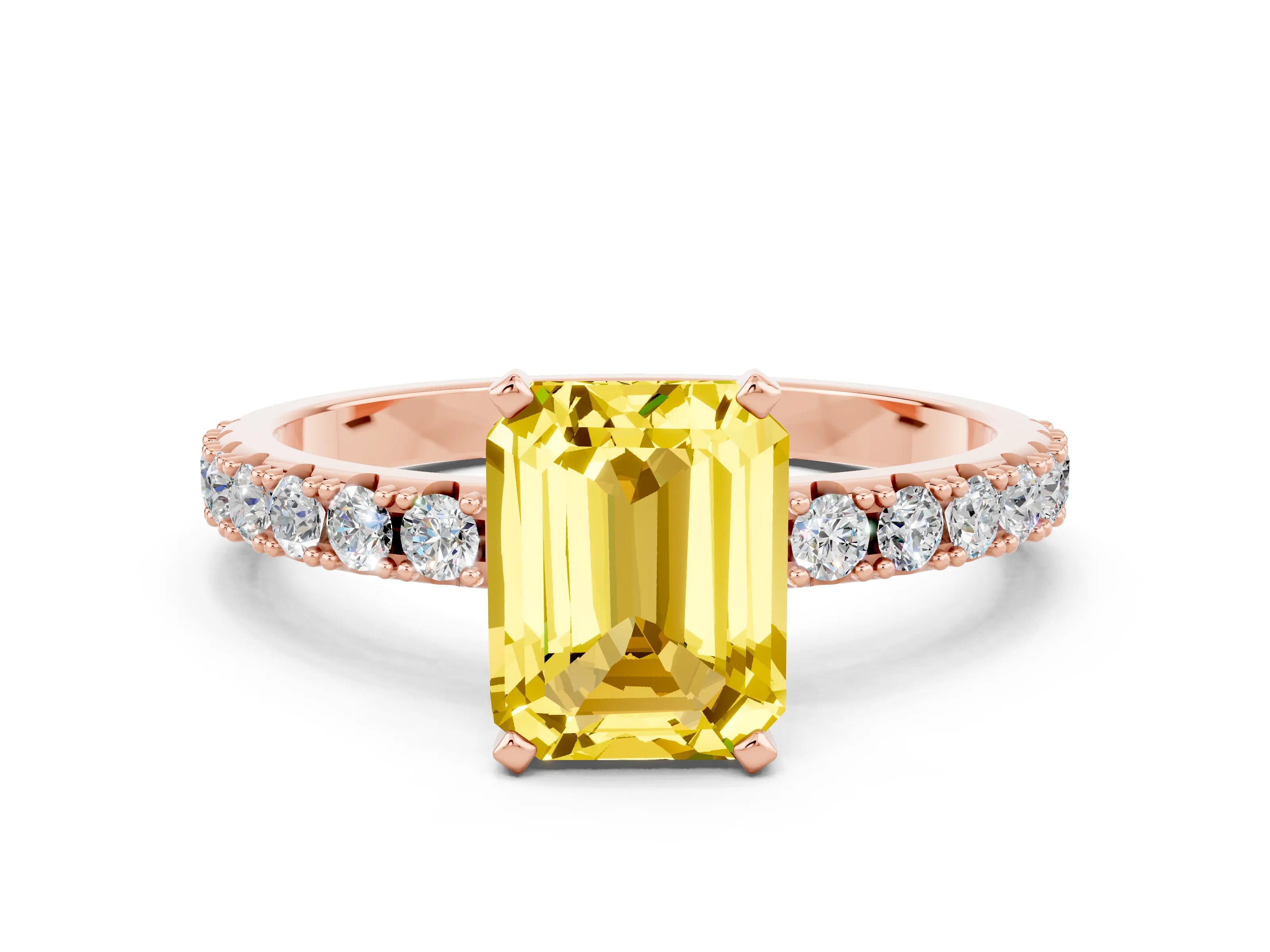 Rose gold Emerald Cut Yellow Sapphire Solitaire Pavé Band with Four-Prong Setting_24