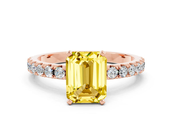 Rose gold Emerald Cut Yellow Sapphire Solitaire Pavé Band with Four-Prong Setting