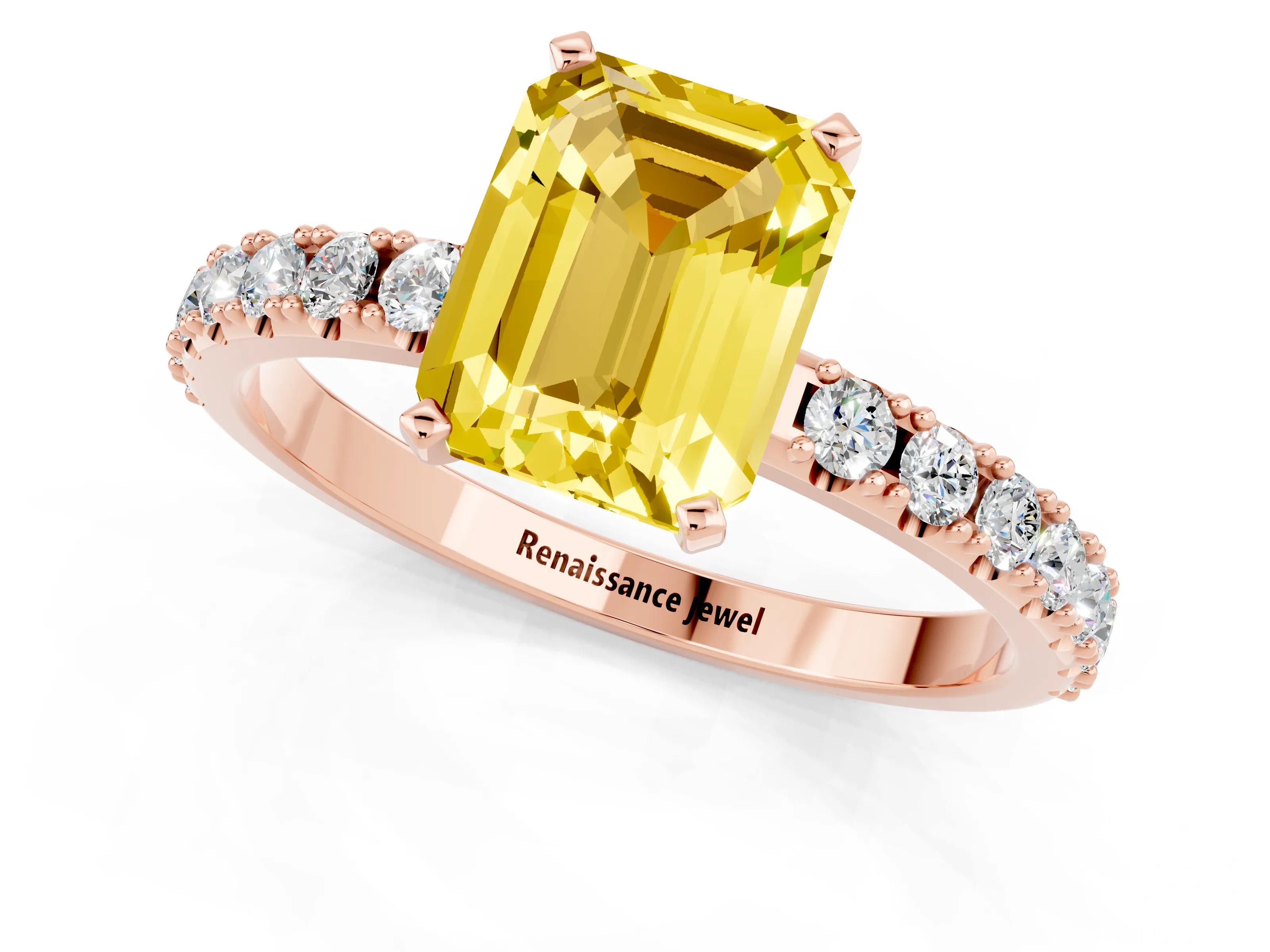 Rose gold Emerald Cut Yellow Sapphire Solitaire Pavé Band with Four-Prong Setting_25