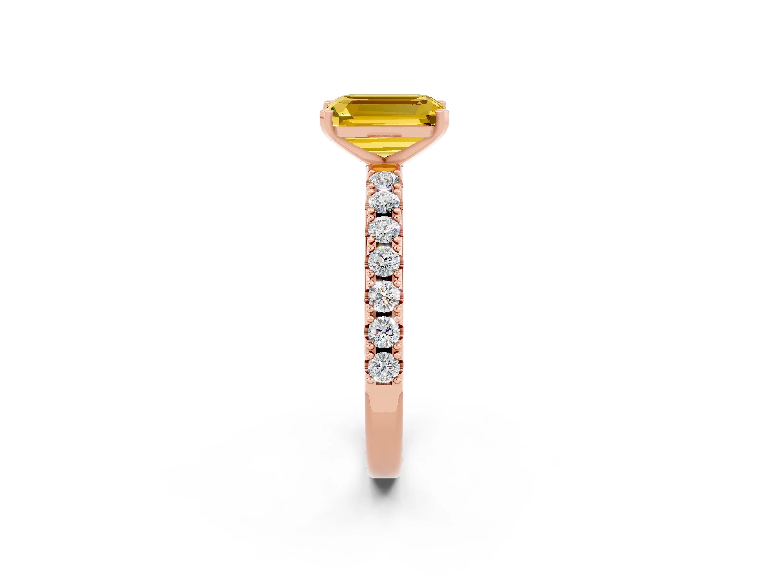 Rose gold Emerald Cut Yellow Sapphire Solitaire Pavé Band with Four-Prong Setting_26