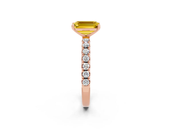 Rose gold Emerald Cut Yellow Sapphire Solitaire Pavé Band with Four-Prong Setting