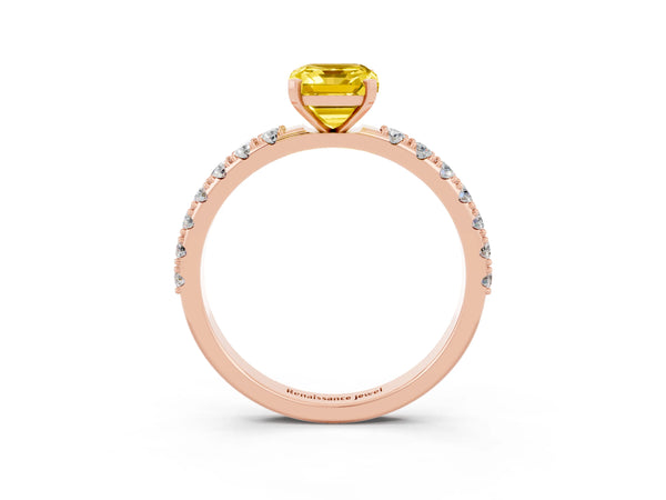 Rose gold Emerald Cut Yellow Sapphire Solitaire Pavé Band with Four-Prong Setting