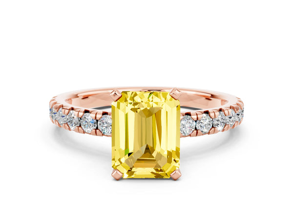 Rose gold Emerald Cut Yellow Sapphire Solitaire Pavé Engagement Ring with Round Band and Prong Setting