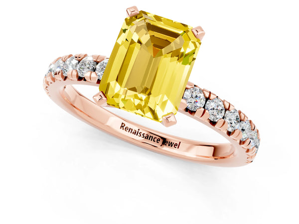 Rose gold Emerald Cut Yellow Sapphire Solitaire Pavé Engagement Ring with Round Band and Prong Setting