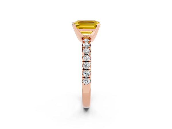 Rose gold Emerald Cut Yellow Sapphire Solitaire Pavé Engagement Ring with Round Band and Prong Setting