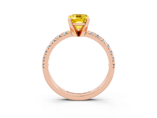 Rose gold Emerald Cut Yellow Sapphire Solitaire Pavé Engagement Ring with Round Band and Prong Setting