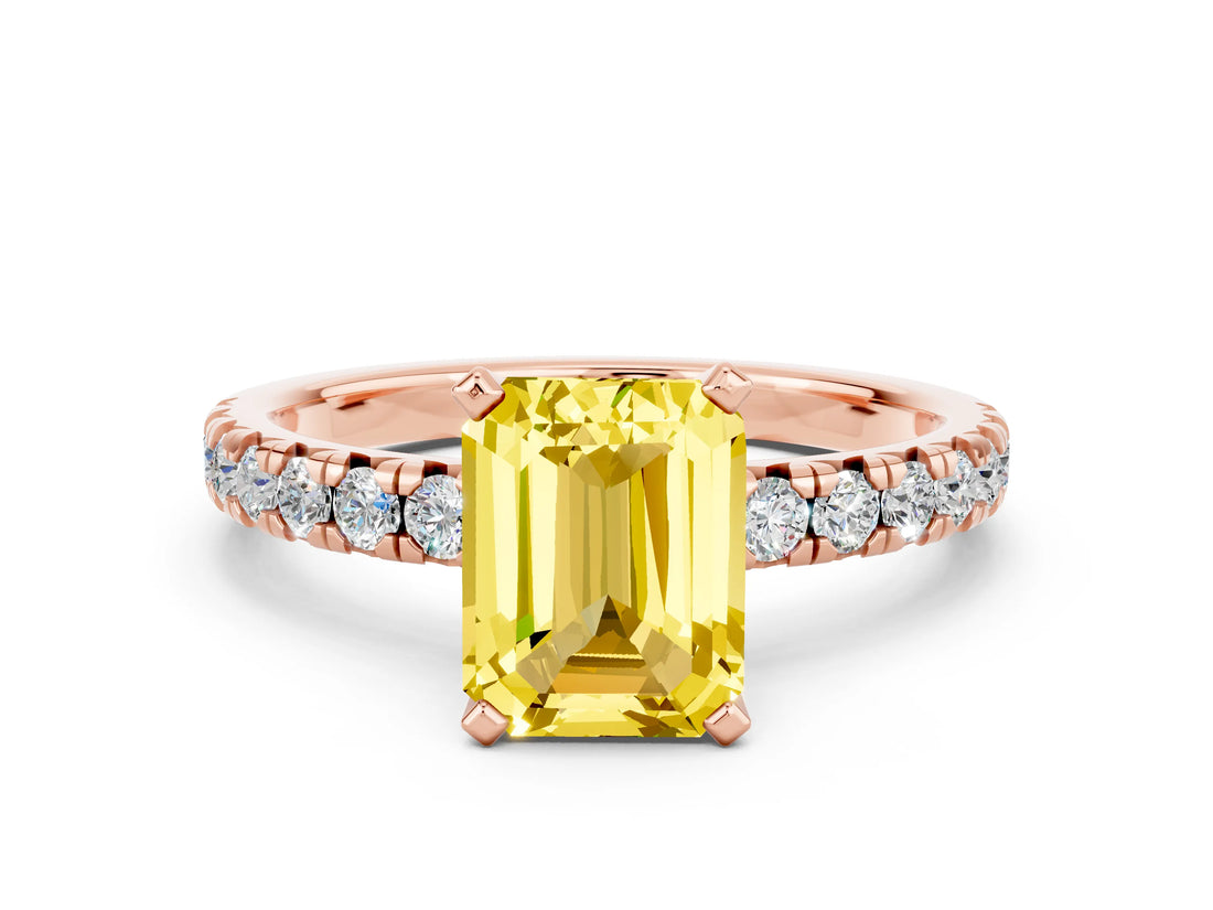Rose gold Emerald Cut Yellow Sapphire Solitaire Pavé Engagement Ring with Round Band and Prong Setting_66