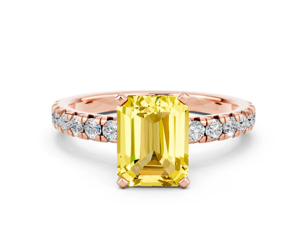 Rose gold Emerald Cut Yellow Sapphire Solitaire Pavé Engagement Ring with Round Band and Prong Setting
