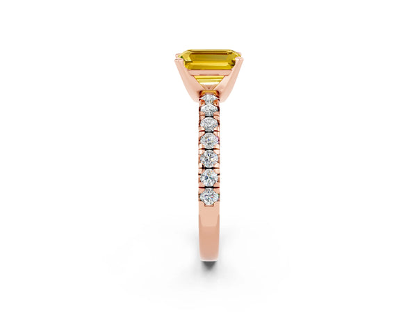 Rose gold Emerald Cut Yellow Sapphire Solitaire Pavé Engagement Ring with Round Band and Prong Setting