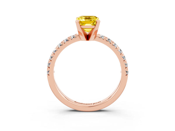 Rose gold Emerald Cut Yellow Sapphire Solitaire Pavé Engagement Ring with Round Band and Prong Setting