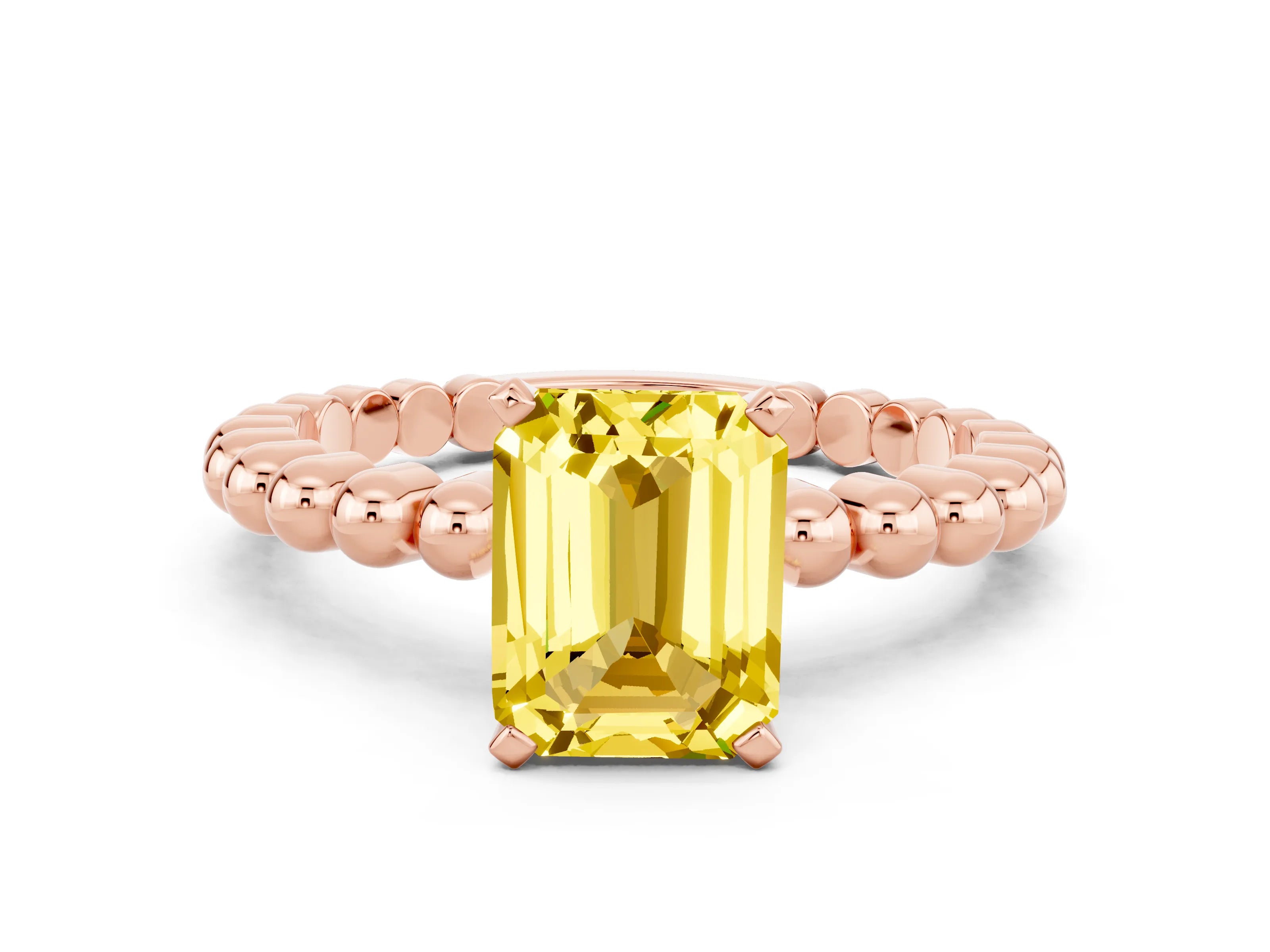 Rose gold Emerald Cut Yellow Sapphire Solitaire Ring with Beaded Band and Prong Setting