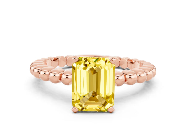 Rose gold Emerald Cut Yellow Sapphire Solitaire Ring with Beaded Band and Prong Setting