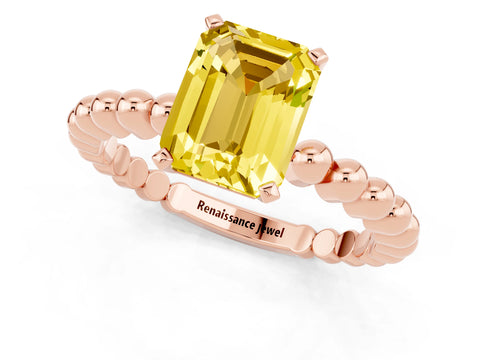 Rose gold Emerald Cut Yellow Sapphire Solitaire Ring with Beaded Band and Prong Setting_1