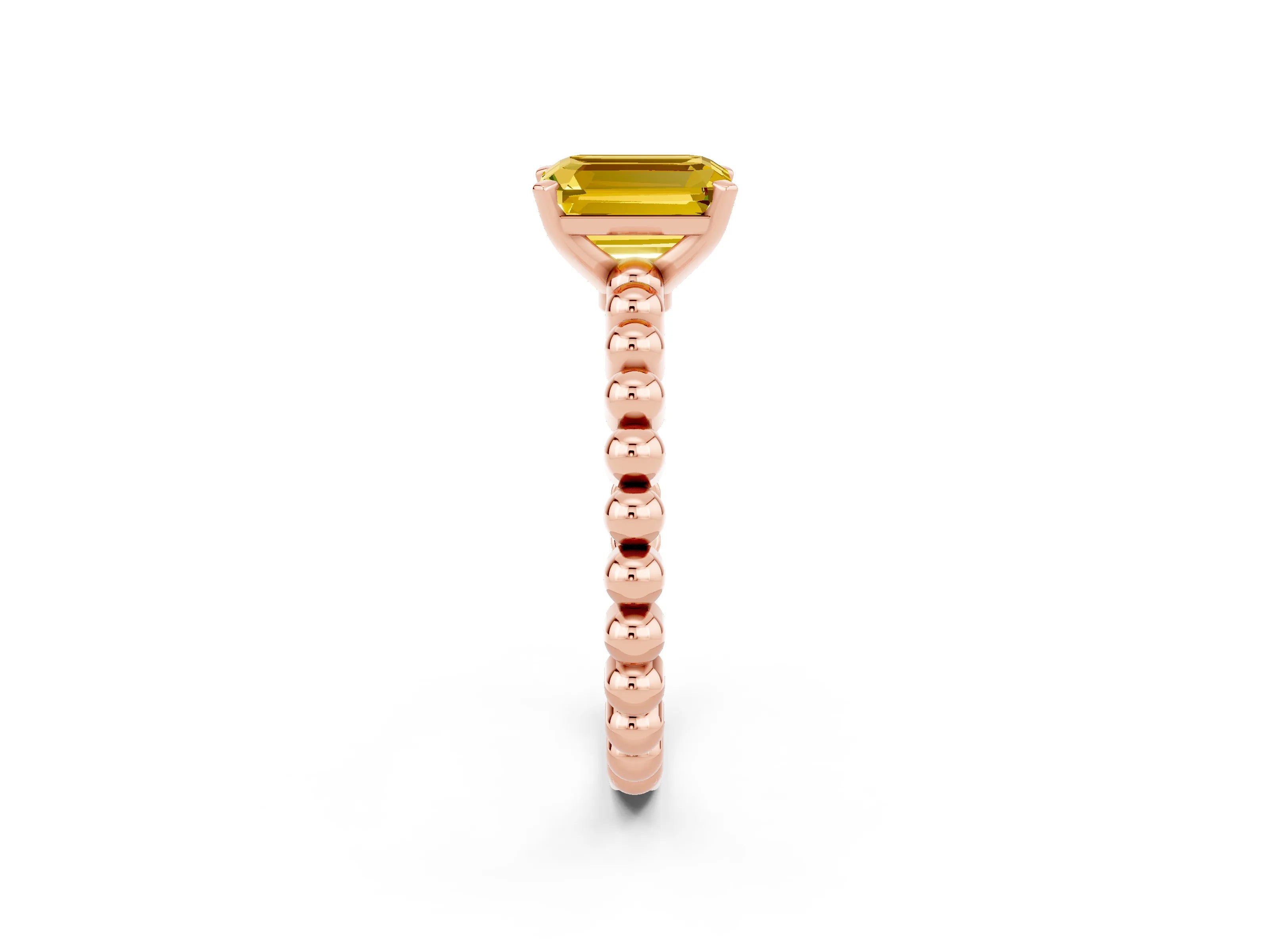 Rose gold Emerald Cut Yellow Sapphire Solitaire Ring with Beaded Band and Prong Setting_2