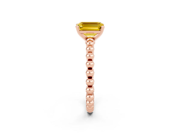 Rose gold Emerald Cut Yellow Sapphire Solitaire Ring with Beaded Band and Prong Setting