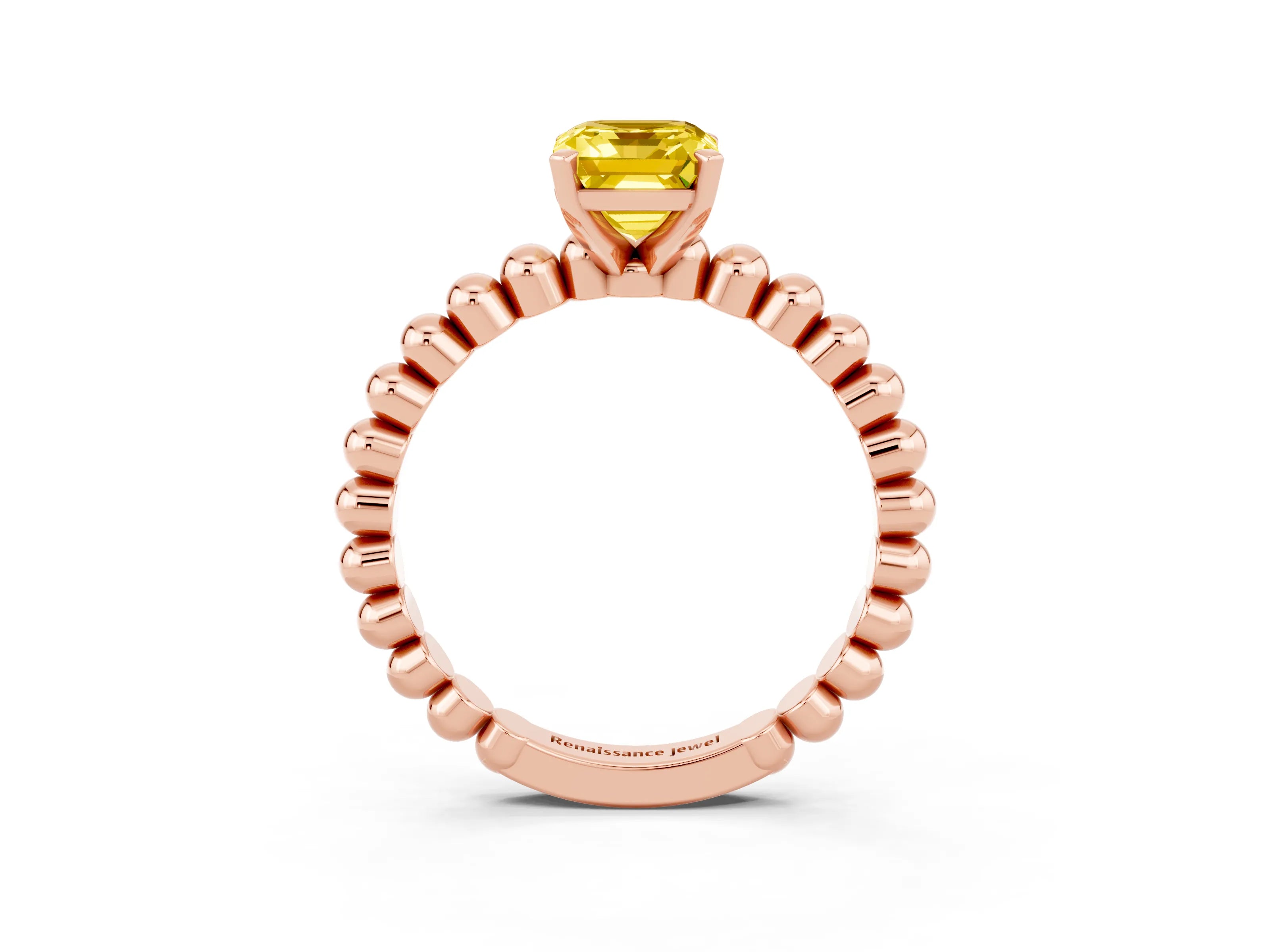 Rose gold Emerald Cut Yellow Sapphire Solitaire Ring with Beaded Band and Prong Setting_3