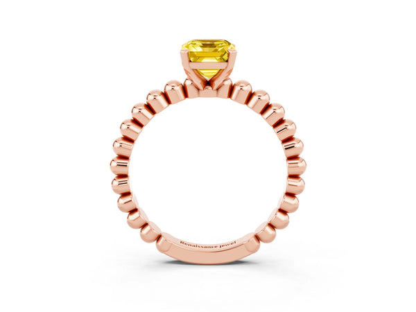 Rose gold Emerald Cut Yellow Sapphire Solitaire Ring with Beaded Band and Prong Setting