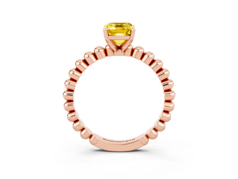 Rose gold Emerald Cut Yellow Sapphire Solitaire Ring with Beaded Band and Prong Setting_3