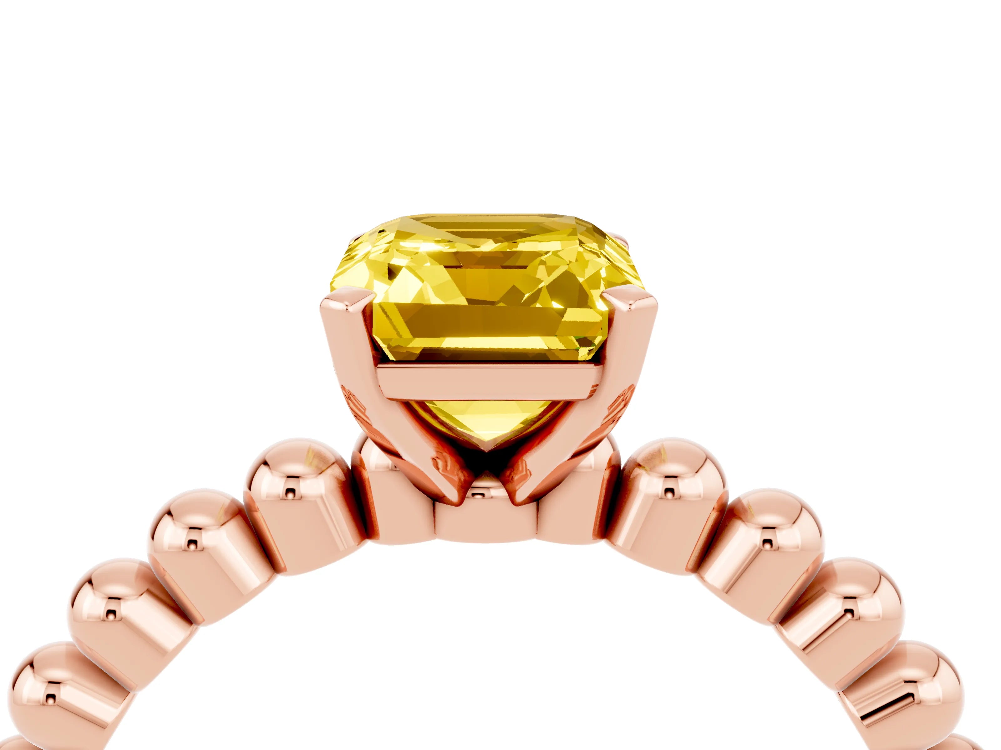 Rose gold Emerald Cut Yellow Sapphire Solitaire Ring with Beaded Band and Prong Setting_4