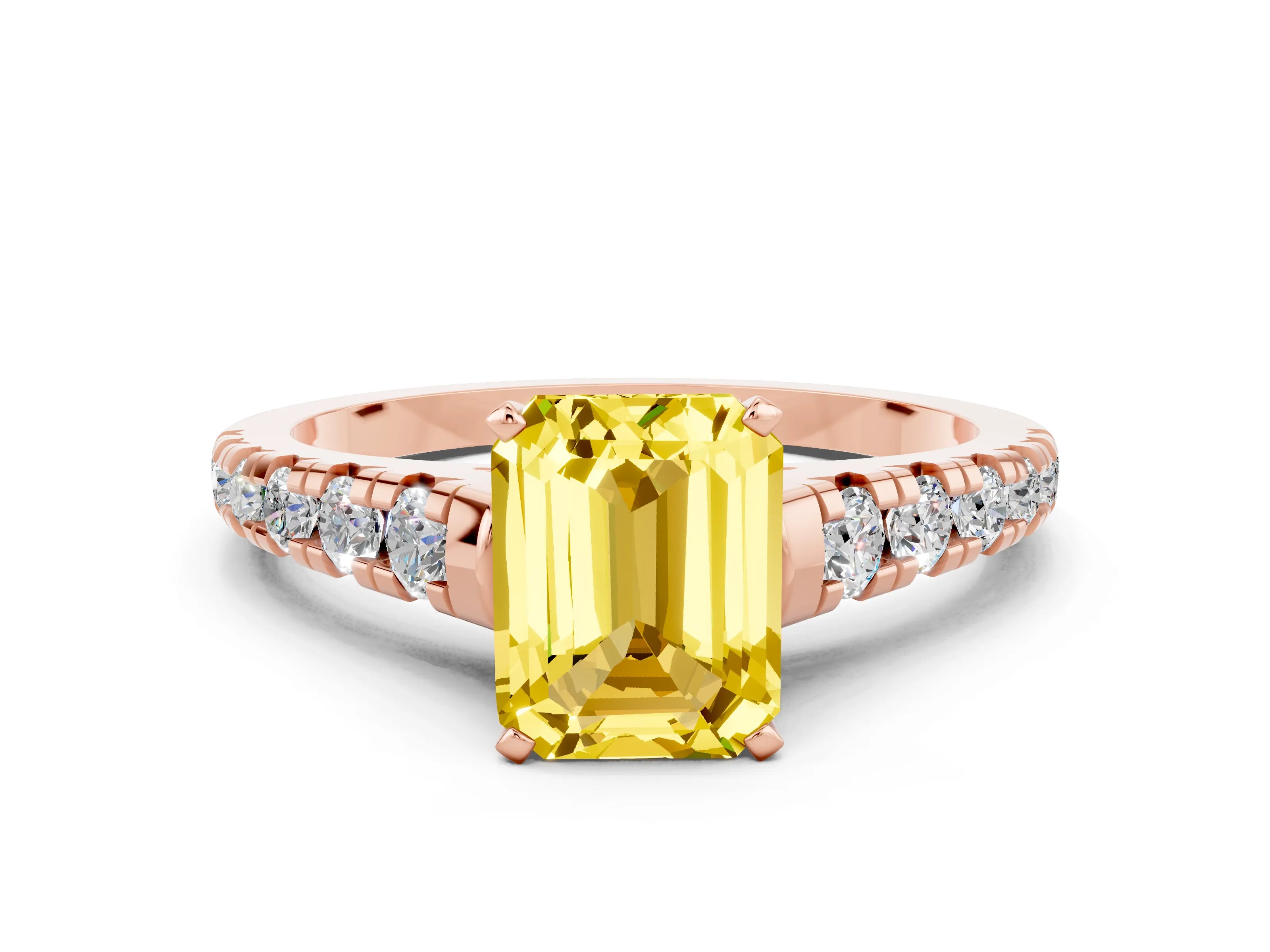 Rose gold Emerald Cut Yellow Sapphire Solitaire Ring with Cathedral Setting and Pavé Band_24