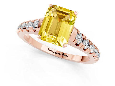 Rose gold Emerald Cut Yellow Sapphire Solitaire Ring with Cathedral Setting and Pavé Band_25