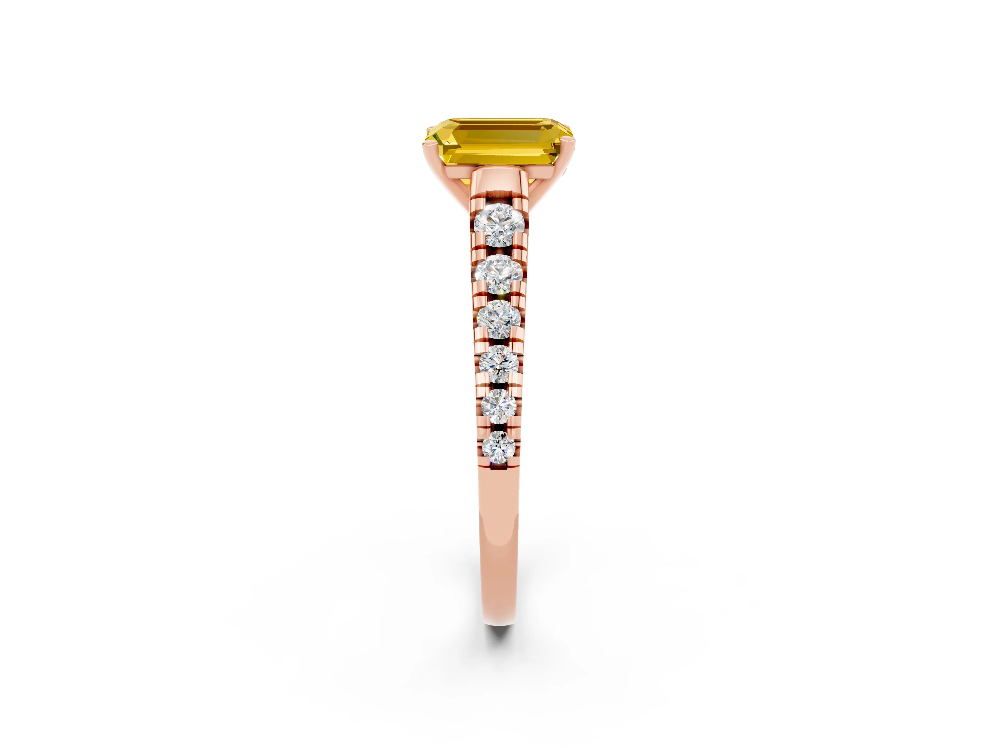 Rose gold Emerald Cut Yellow Sapphire Solitaire Ring with Cathedral Setting and Pavé Band_26