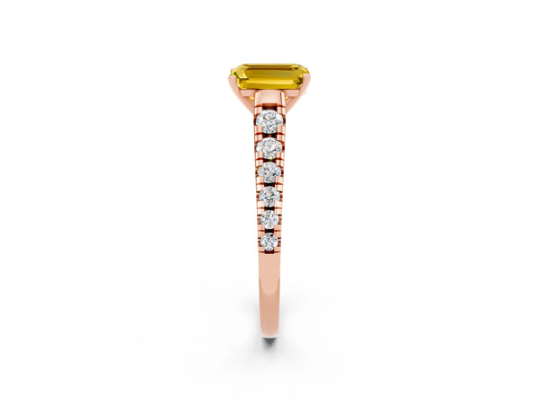 Rose gold Emerald Cut Yellow Sapphire Cathedral Solitaire Ring with Round  Pavé Band